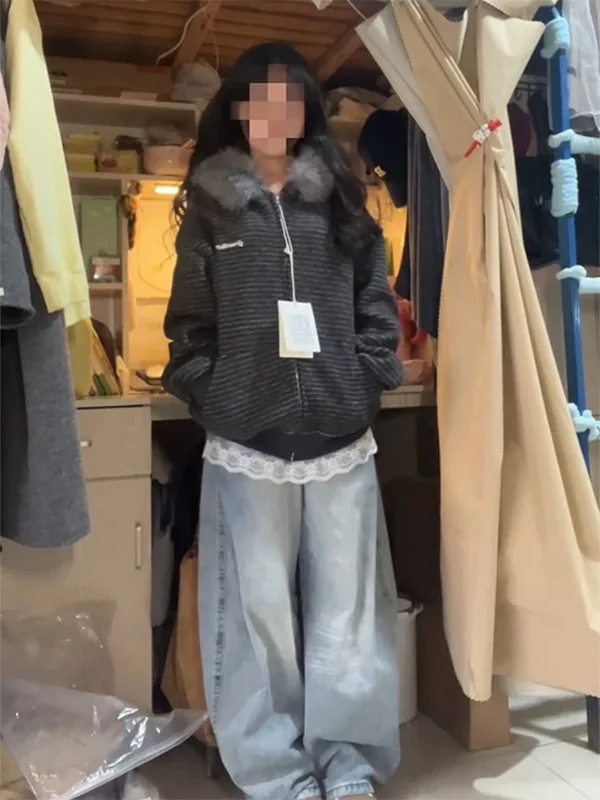 

Американский уличный полосатый открытый кардиган с капюшоном, женская свободная зимняя верхняя одежда Thiened Fce для пар