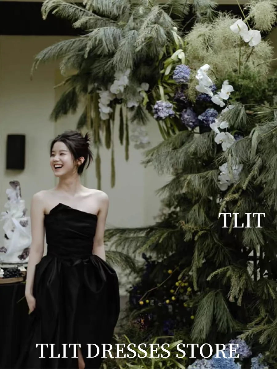TLIT Simple Black Taffeta Evening Dress Strapless High Side Split Prom Gown Korea Wedding Dress Photo Shoot 이브닝 드레스 Customized