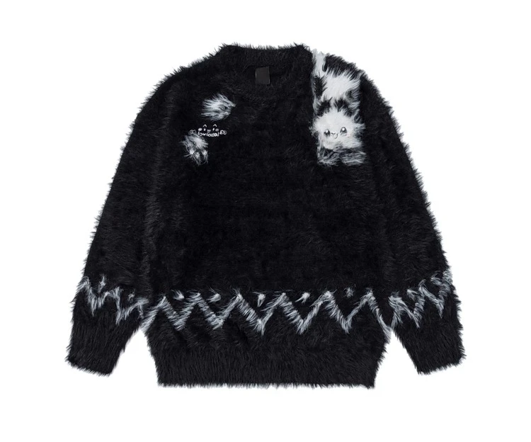 American Style Men's Cat Jacquard Mohair Black Round Neck Knit Sweater Autumn Winter Couple Style Loose Casual Apricot Sweater