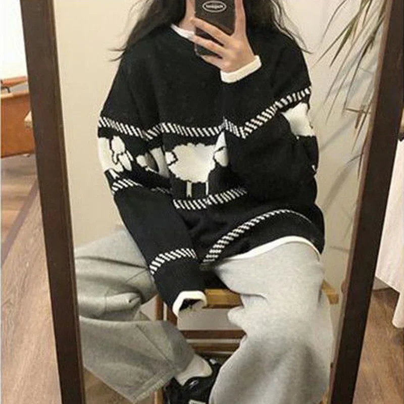 

Женский свободный пуловер, повседневный Трикотажный свитер с мультяшным принтом в стиле Харадзюку, Осень-зима 2023