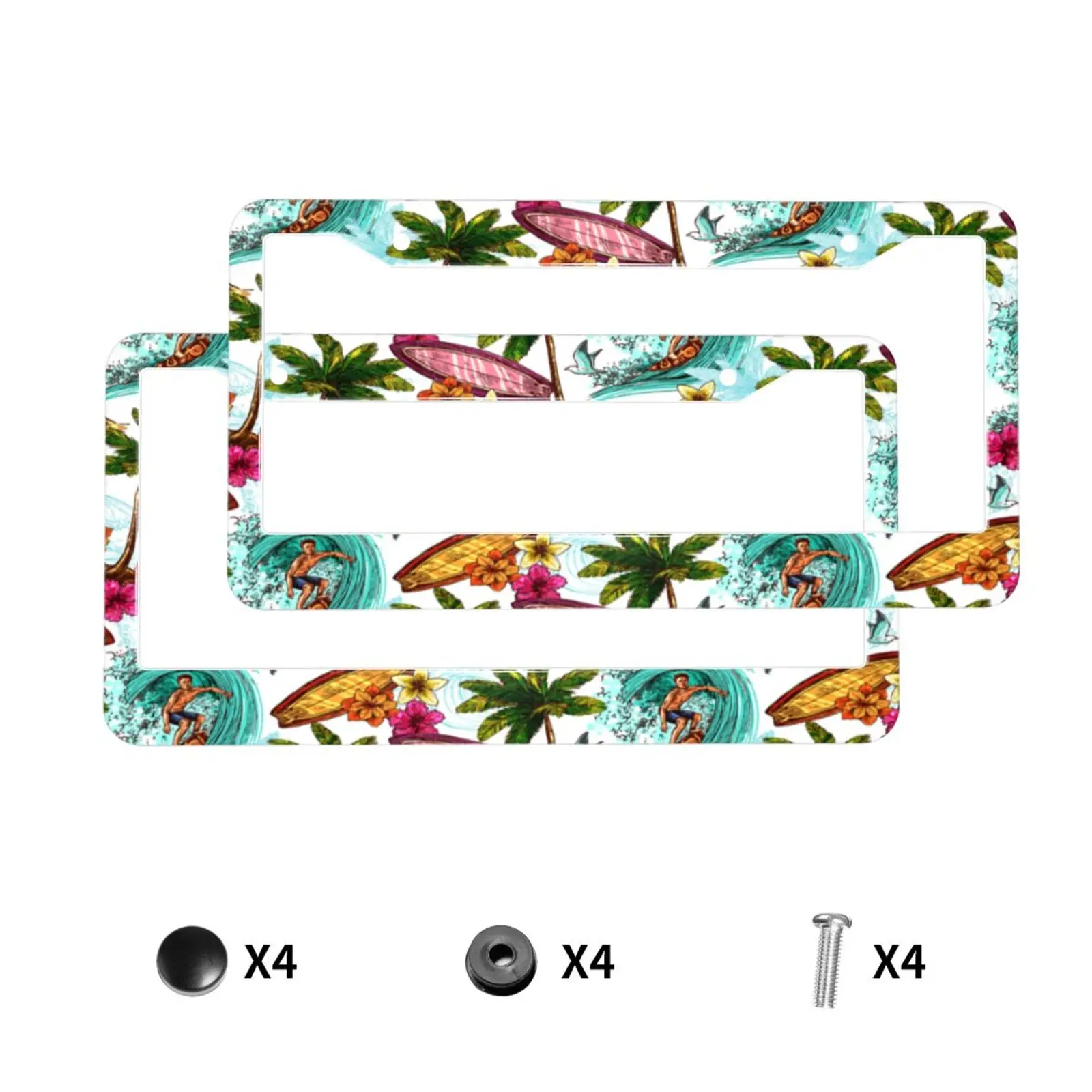 Casual Hawaiian Vacation Print Car License Plate Frame 2 Pack License Plate with 2 Holes Car Tag Frame for Women Men Vehicles