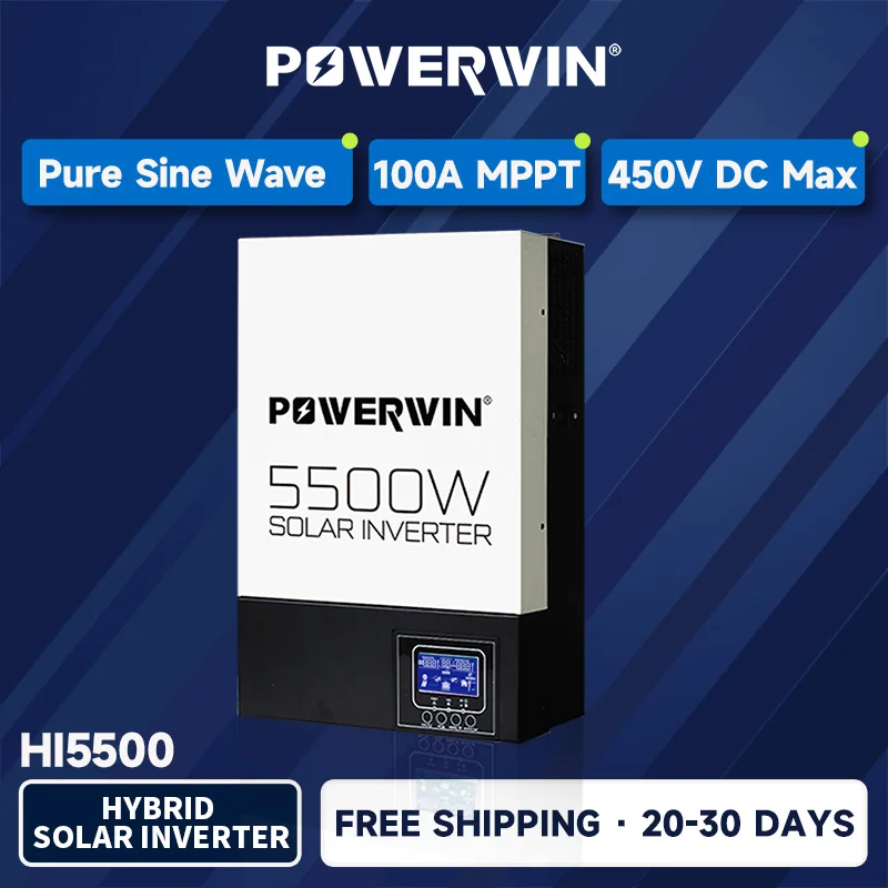 

POWERWIN HI5500 Hybrid Solar Inverter 5500W 48V Pure Sine Wave 100A MPPT Charge Controller Removable LCD Screen Battery Off-Grid