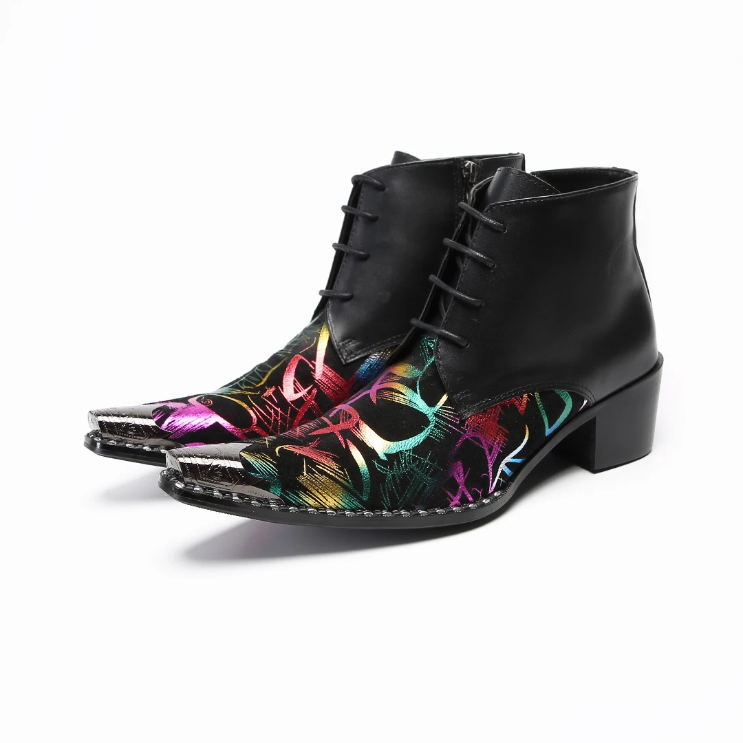 Handmade Italian Steel Toe Cowboy Boots for Men Genuine Cow Leather Colorful Print High Heels Pointed Dress Shoes