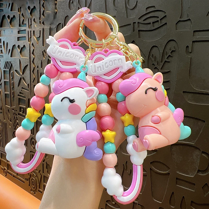 Cute Creative Macaron Unicorn Key Ring Pendant Girl Women Couple Bag Car Pendant Key Chain Beauty Colorful Bead Lanyard Keychain