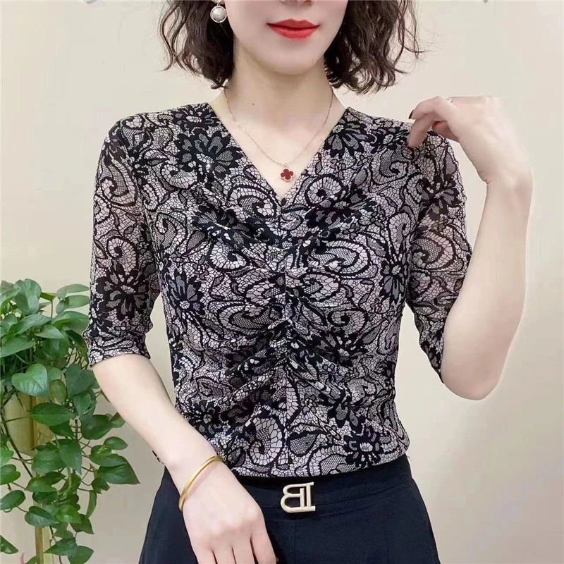 Women Korean Fashion Print Ruched Sexy Sheer Mesh Elegant Basic T-shirts Summer Casual V Neck Short Sleeve Slim Office Lady Tops