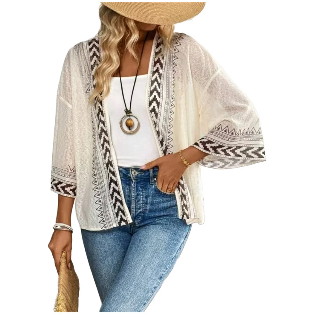 Summer Knit Cardigan for Women Elegant V Neck Long Sleeve Bell Sleeve Top with 3D Printed Pattern Regenerated Cellulose Fiber