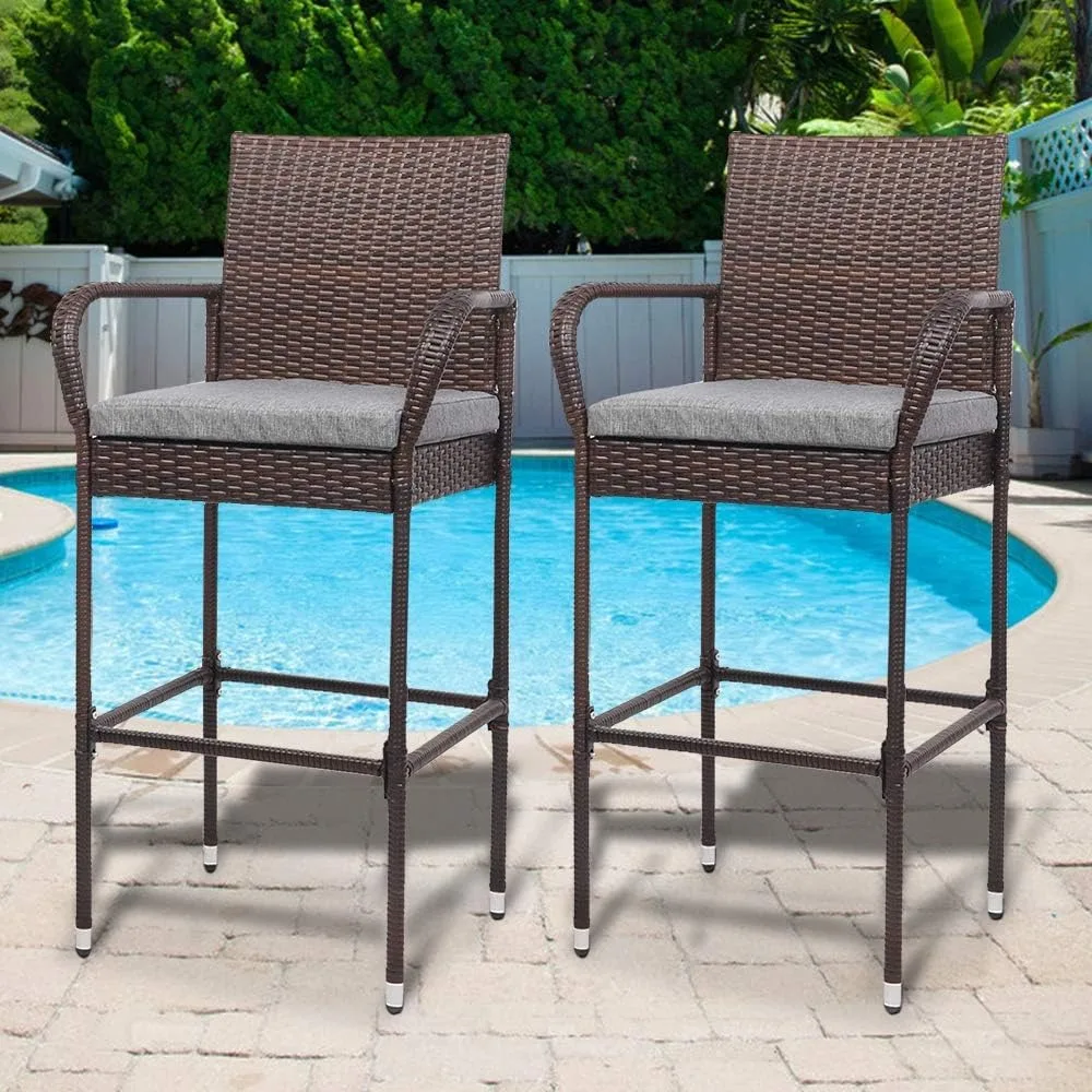 VINGLI Outdoor Wicker Bar Stools Set of 2 with Cushions, Outdoor Bar Chairs Bar Height Tall Patio Chairs, Outdoor Barstools