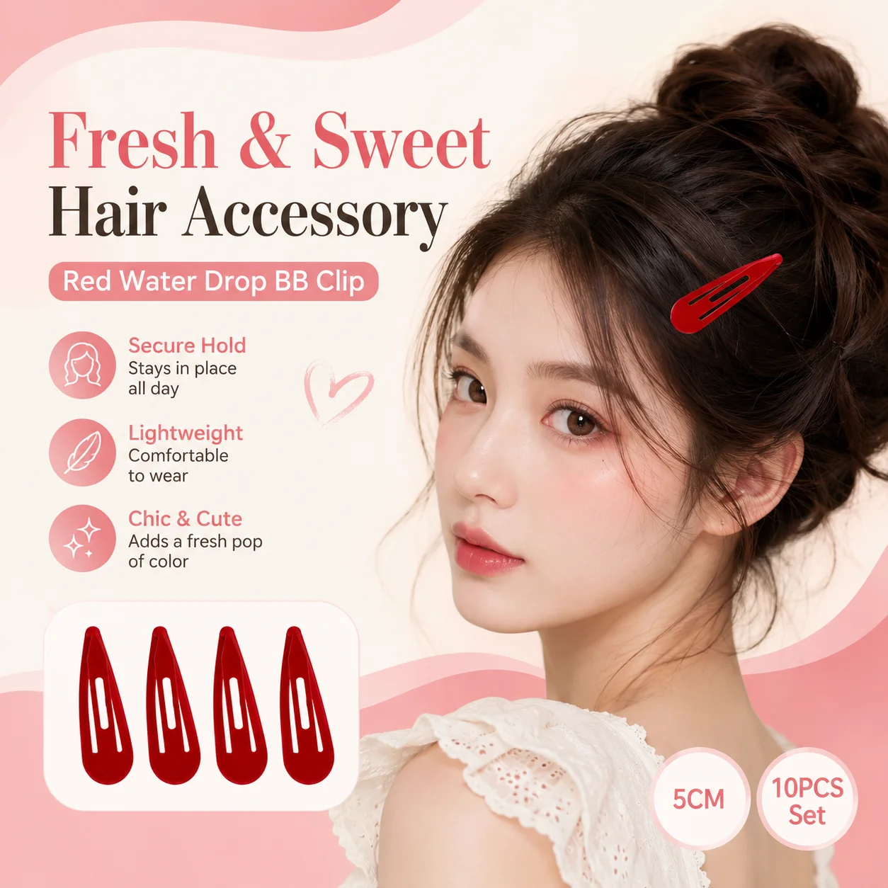 10 Pack Red Snap Hair Clips 5cm Solid Color Metal BB Hair Barrettes Cute Sweet Hair Accessories for Women Girls Daily Hairstyle Decor