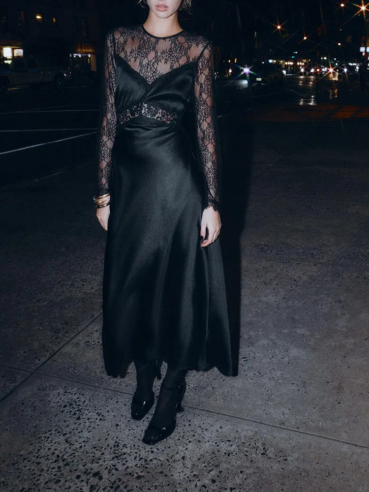 High-End Long Sve Lace Patchwork Dr New Arrival Winter Collection Ele Women's Faion Premium Quali Gown