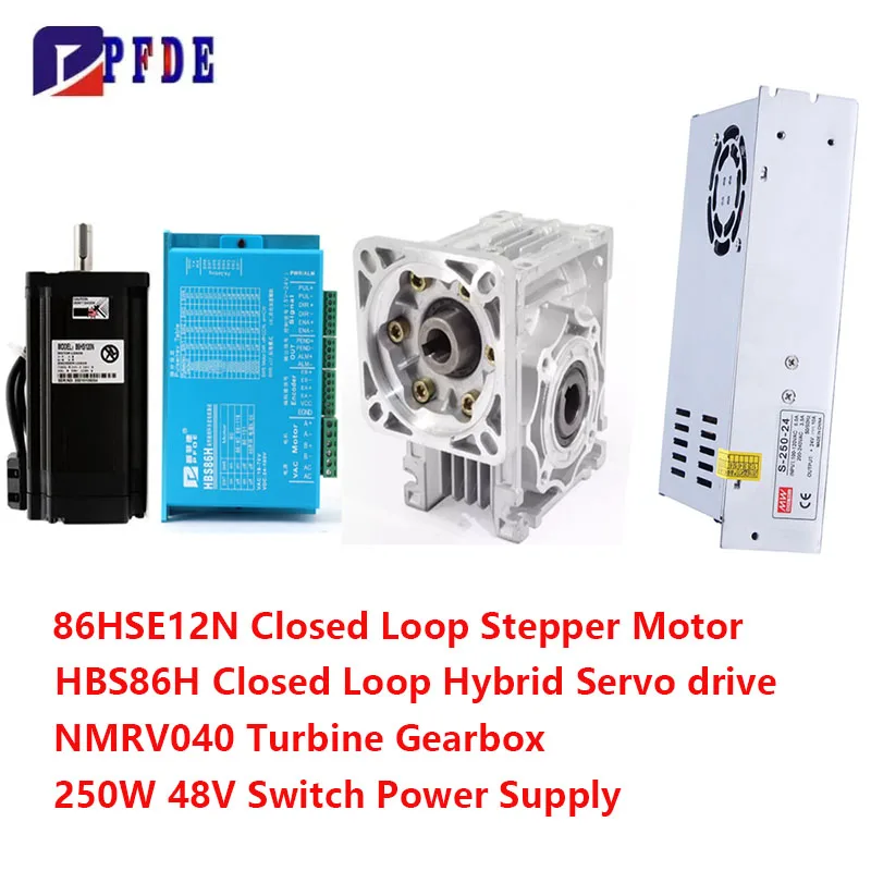 NEMA34 Closed Loop Stepper Motor 12N.m with Hybrid Driver HBS86H+NMRV040 Worm Gear Reducer+250W 48V Power Supply Kit