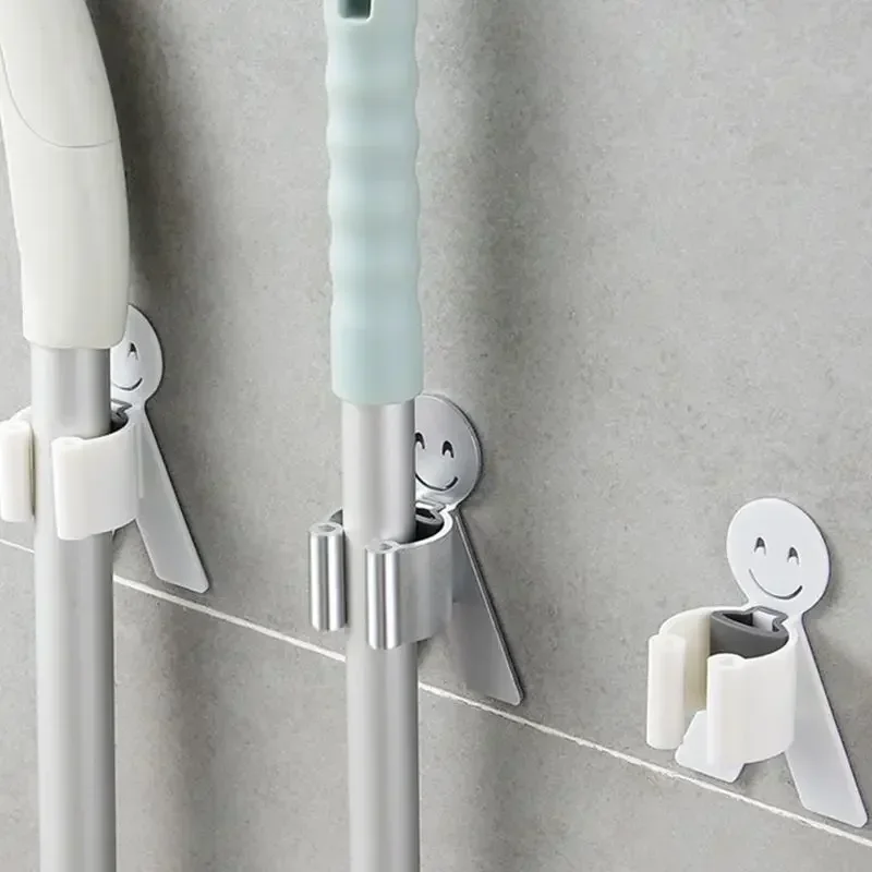 Smiling Broom Mop Holder Self-Adhesive Mounted Storage Hook ABS Waterproof Storage Organizer Hanger for Kitchen Bathroom