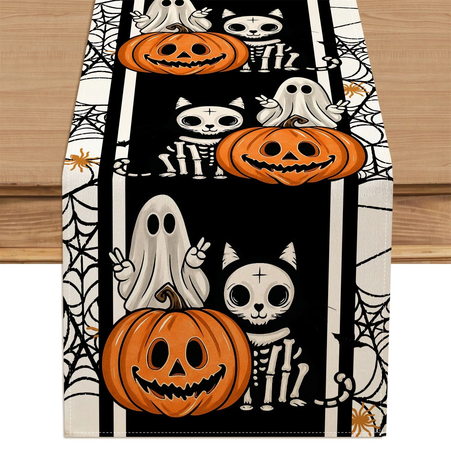 1Pc Cute Skeleton Cat Ghost Pumpkin Halloween Table Runner Imitation Linen Spider Web Border Table Decoration Cloth Halloween Theme Party Table Decoration Holiday Party Gift