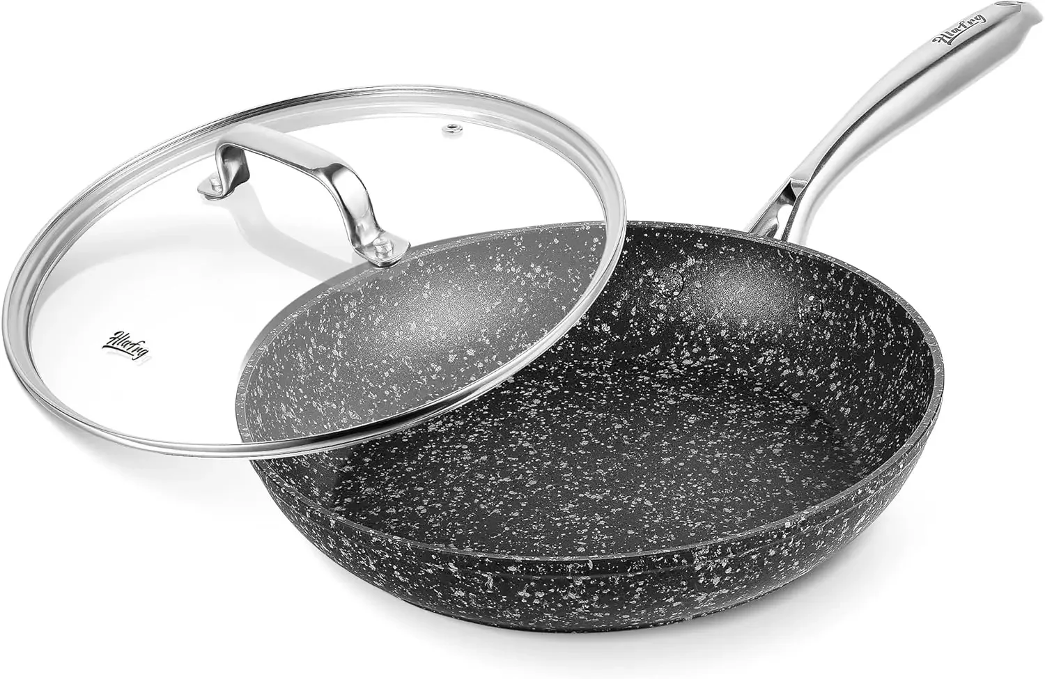 

Frying Pan with Lid, Black Granite Skillet Even Heating Omelet Pan with Heat-Resistant Handle wok pan cookwarecooking pot 8 Inch