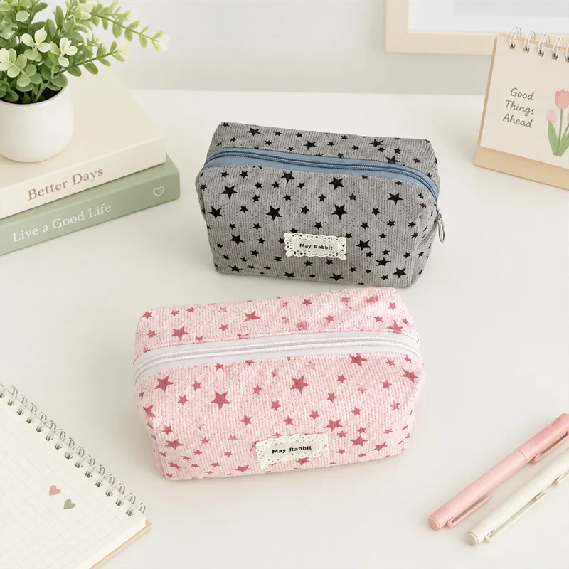 Corduroy Star Print Makeup Bag for Women Large Capacity Portable Handheld Toiletry Pouch Sweet Korean Pencil Case for Students
