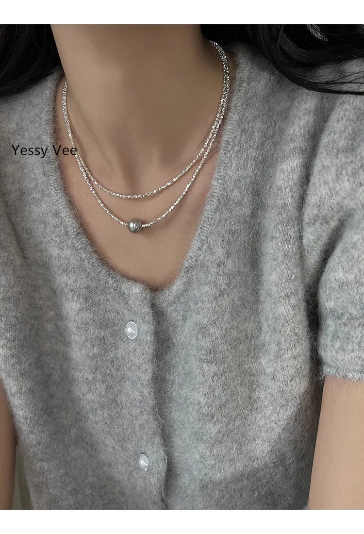 Yessy Vee Women Shining Silver Necklace Spring Summer 925 Silver Necklaces Luxury Man-Made Pearl Neck Chain Top Quality Choker