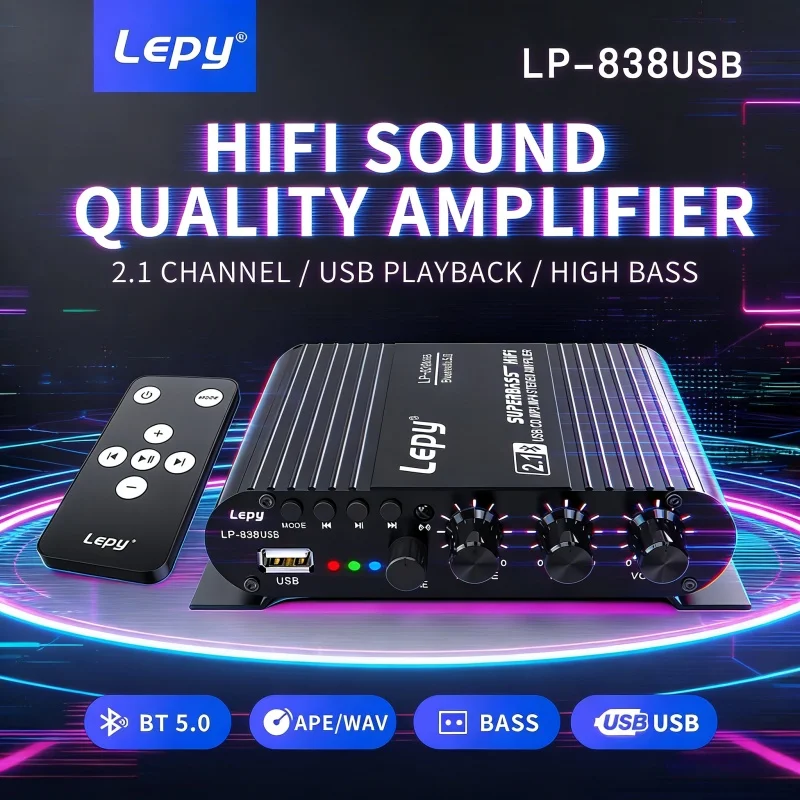 Amplificador de 2.1 Canales LP-838USB, Amplificador para Auto y Hogar de 12V, Reproductor de Música sin Pérdidas USB BT, Amplificador de Audio Digital con Control Remoto HiFi