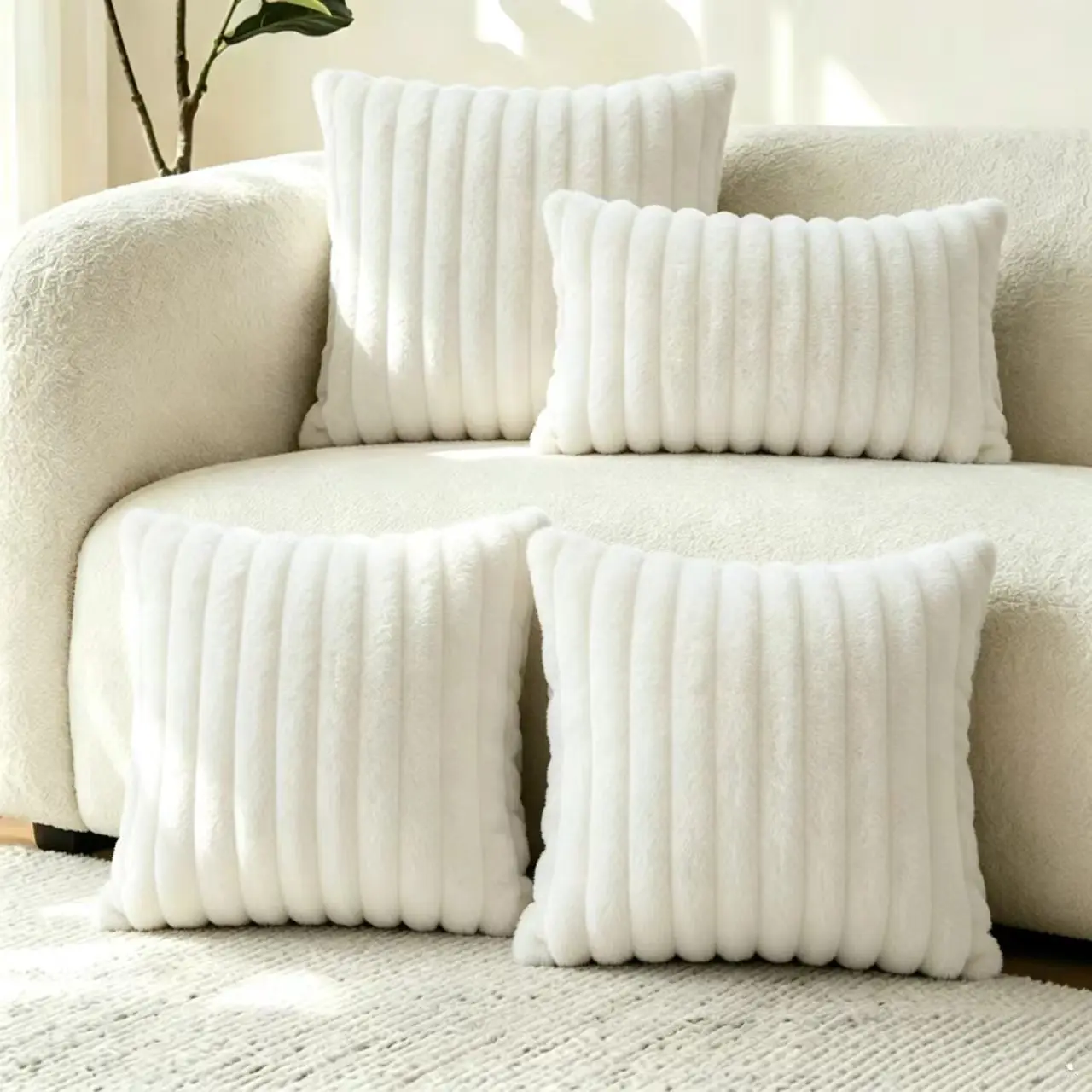 3Pcs Square 1Pcs Long Striped Fuzzy Pillow Covers Plush Decorative Cushion Covers for Couch Living Room Without Inserts
