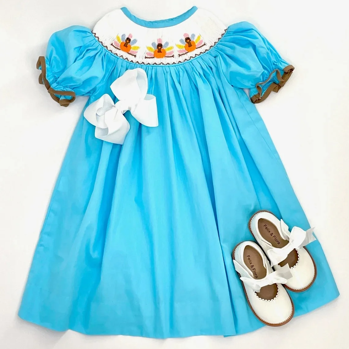 smocked turkey blue short-sleeved dress