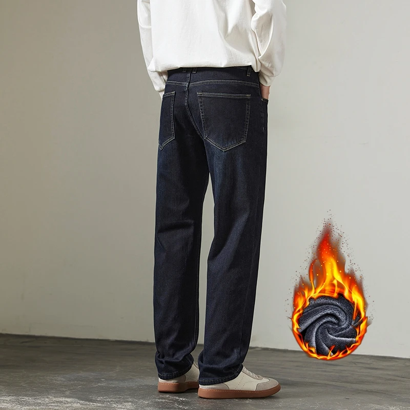 Winter Fleece Thick Warm Men's Straight Leg Loose Jeans Korean Retro Business Casual Large Size Medium High Waist Denim Pants