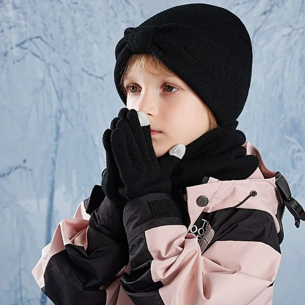 3Pcs/Set Solid Color Knitted Hats Warm Thicken Knitted Children Hat Scarfs Gloves Set Pompom Windproof Winter Beanie