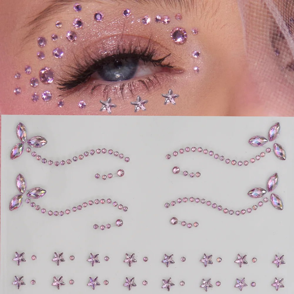 

1Pcs 3D Pink Eye/Face Jewels Tattoos Stickers Star Crystal Rhinestones Temporary Tattoo for Party Makeup Dress Up DIY Stickers *