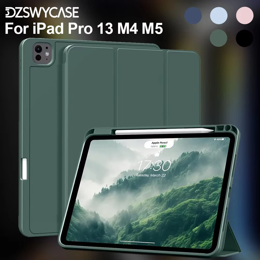 Case for iPad Pro 13 M4 M5 2024 2025 Soft Slim TPU Back Cover with Pencil Holder, Auto Wake/Sleep, Trifold Stand Case