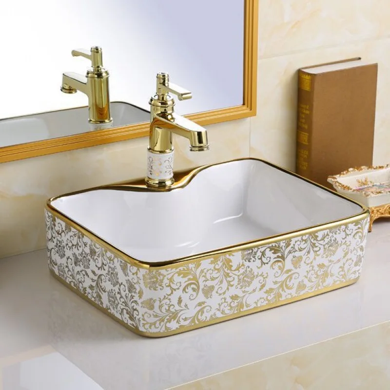High temperature color gold countertop basin bathroom light luxury ceramic wash basin hotel electroplating wash basin