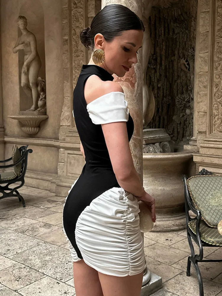 Blifanbo élégant Sexy épaules dénudées Mini robe pour les femmes taille haute moulante col roulé Patchwork mode plissée Club robe de soirée