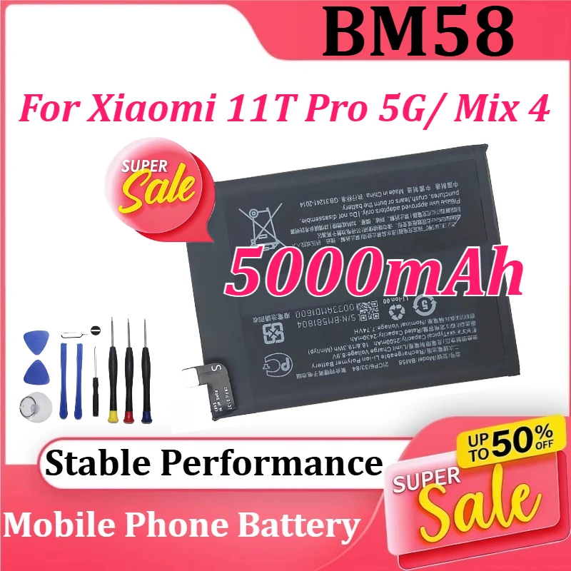 

Upgraded BM58 7.74V 5000mAh Battery for Xiaomi 11T Pro 5G/ Mix 4 Replacement Mobile Phone Batteries+Tools