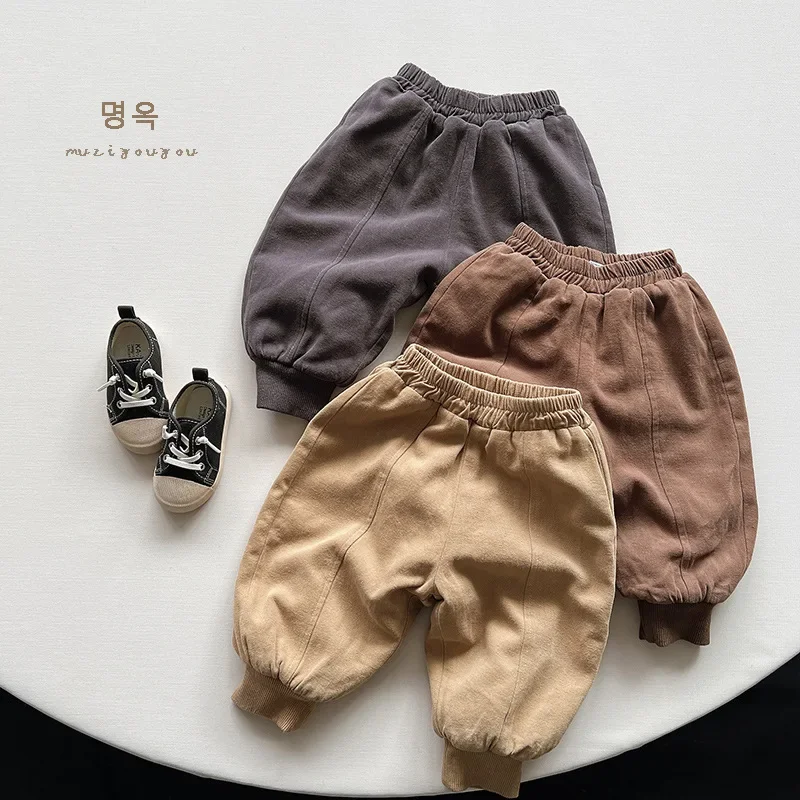 Korean Style Autumn Winter Baby Boys Girls Pants Grey Khaki Brown Mid Waist Loose Sweatpants Trousers Leggings Warm Kids Outwear