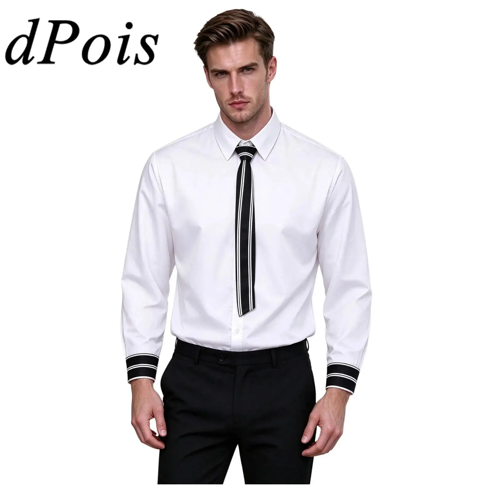 Shirts for Men Handsome Turn-down Collar Business Gentleman Long Sleeve Button Shirt with Striped Tie for Casual Office Work