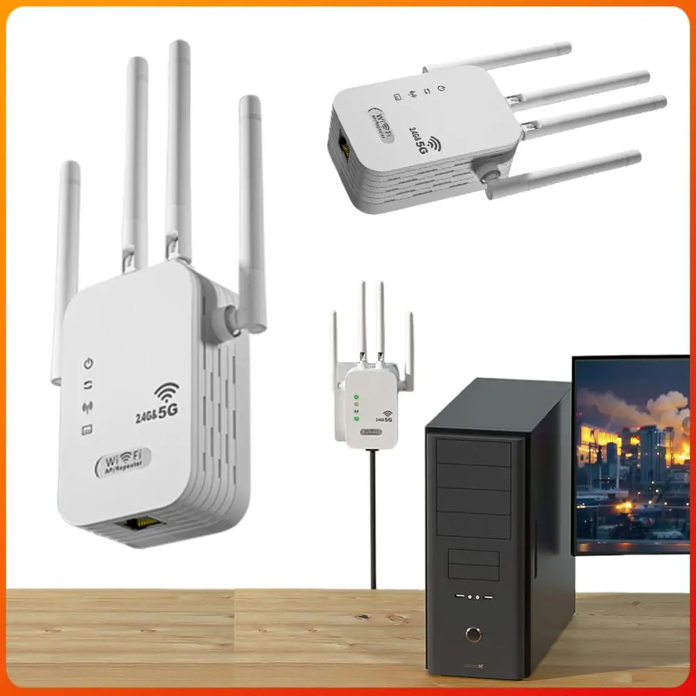 

1200Mbps Wireless WiFi Repeater with WAN/LAN Port Dual-Band 2.4GHz/5GHz WiFi Signal Amplifier 4 Antennas for Home Small Office