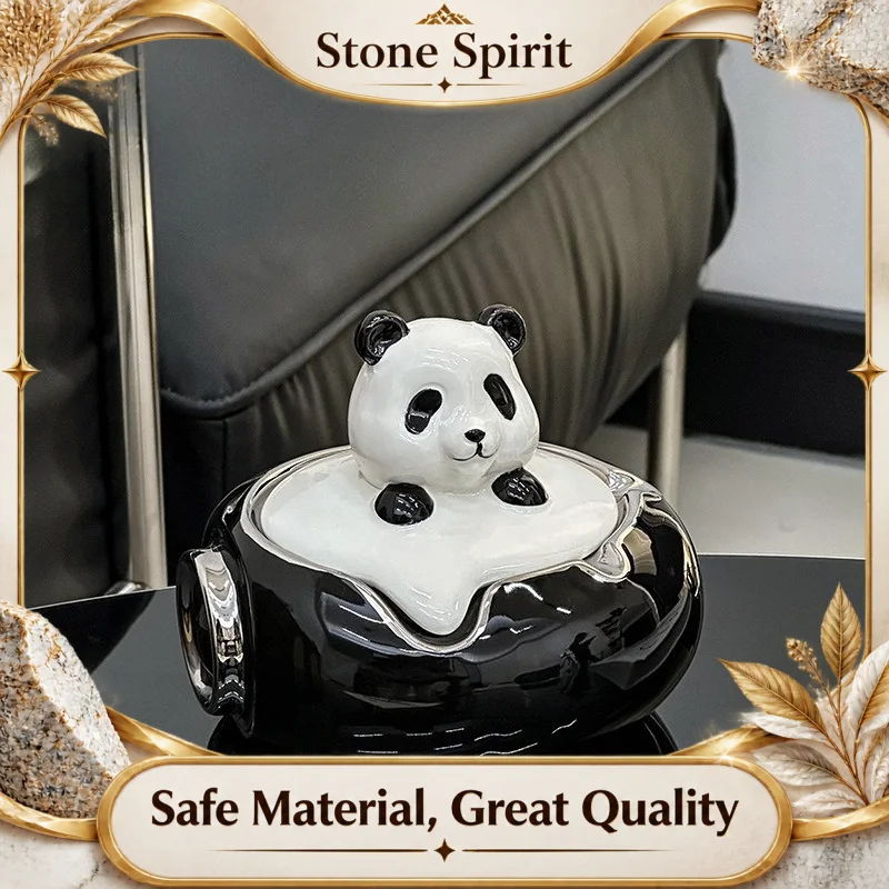 Creative Panda Ceramic Ashtray with Lid, Cute Style Animal Design for Home Hotel Internet Cafe, Anti-Fly Ash Decorative Piece