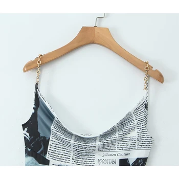 YENKYE New Women Newspaper Letter Print Irregular Hem Sling Dresses Fashion Backless Thin Straps With Chain Summer Sexy Dress 3
