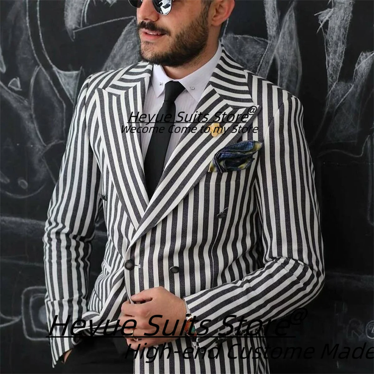 

Handsome Business Stripe Men Suits Customized Slim Fit Double Breasted Groom Wedding Tuxedos 2 Pieces Sets Male Party Blazers