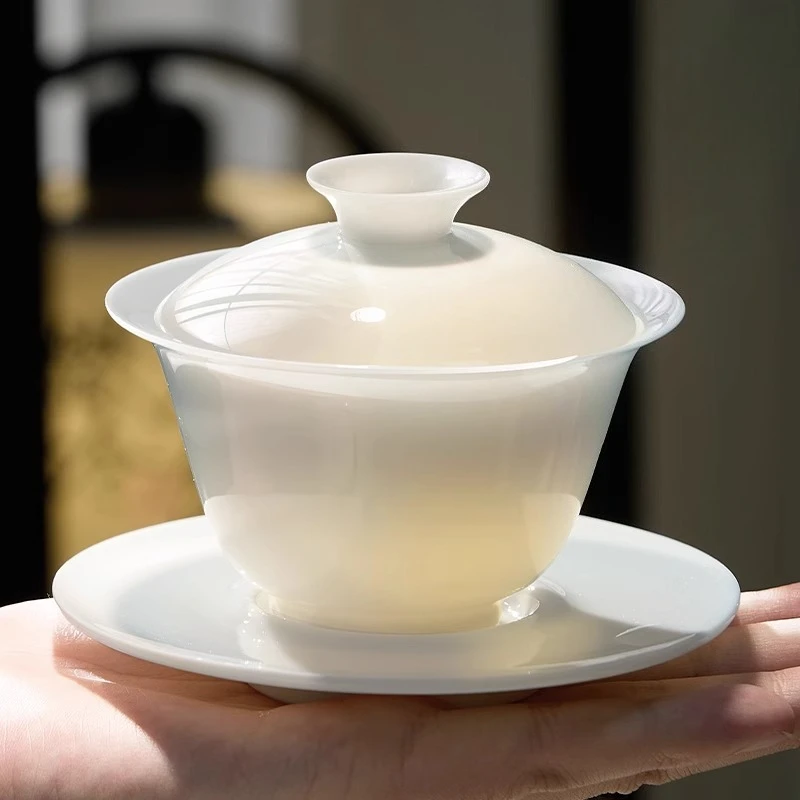 Suet Jade Cover Bowl Three Talents Are Not Hot, Hover White Porcelain Tea Bowl Household High-End Tea Cup Kung Fu Tea Set Tea Ma