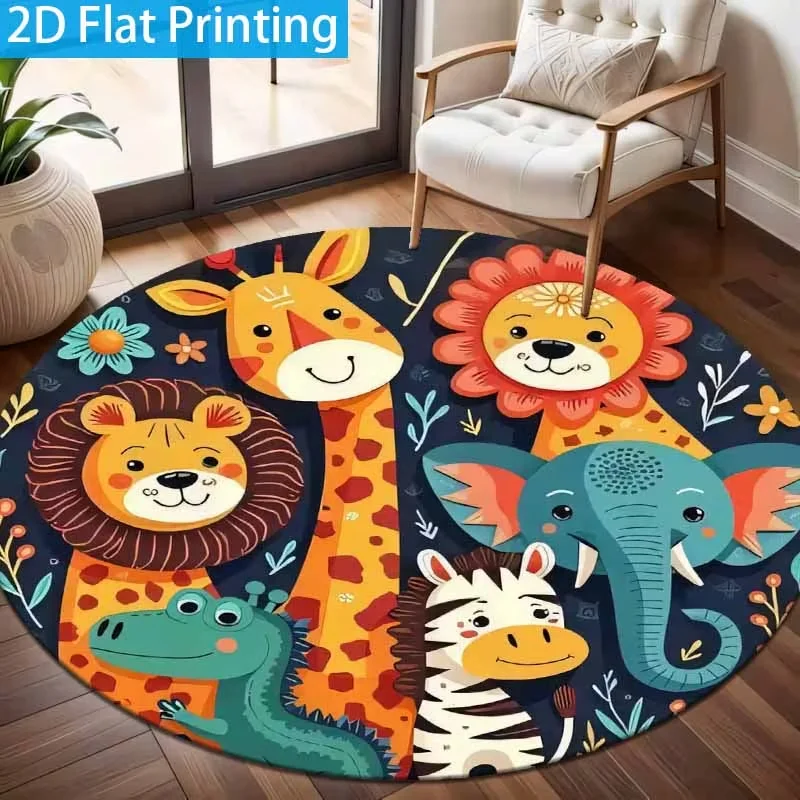 Cute Jungle Animal Cartoon Round Rug Lion Giraffe Zebra Print Soft Non Slip Circle Carpet Playroom Bedroom Home Decor Mat