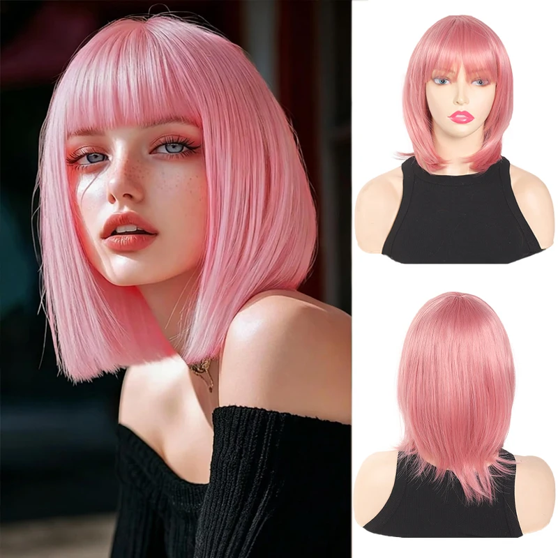 Women Short Pink Straight Bob Wig with Bangs, Soft Synthetic Fiber Wig, Easy to Wear, Halloween Cosplay Party Photography Wig