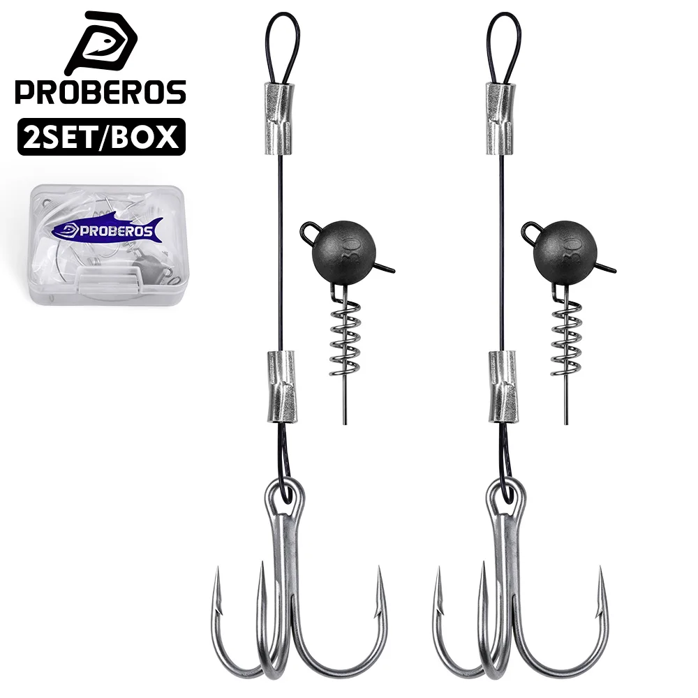 PROBEROS 2Sets/Box Wire Leader Fishing Rig Twist Lock Spring Treble Hook Round Sinker Weight Anti‑Bite Steel Wire Trace Hooks