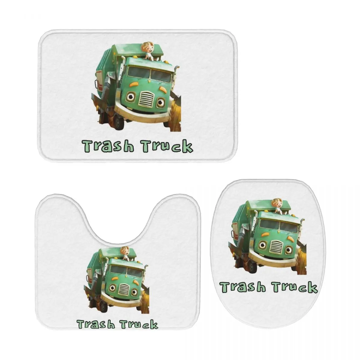 

Trash Truck Cartoon 3 Piece Bath Mat Bathroom Set Toilet Lid Cover Home Decor Non-Slip Carpet Floor Rug