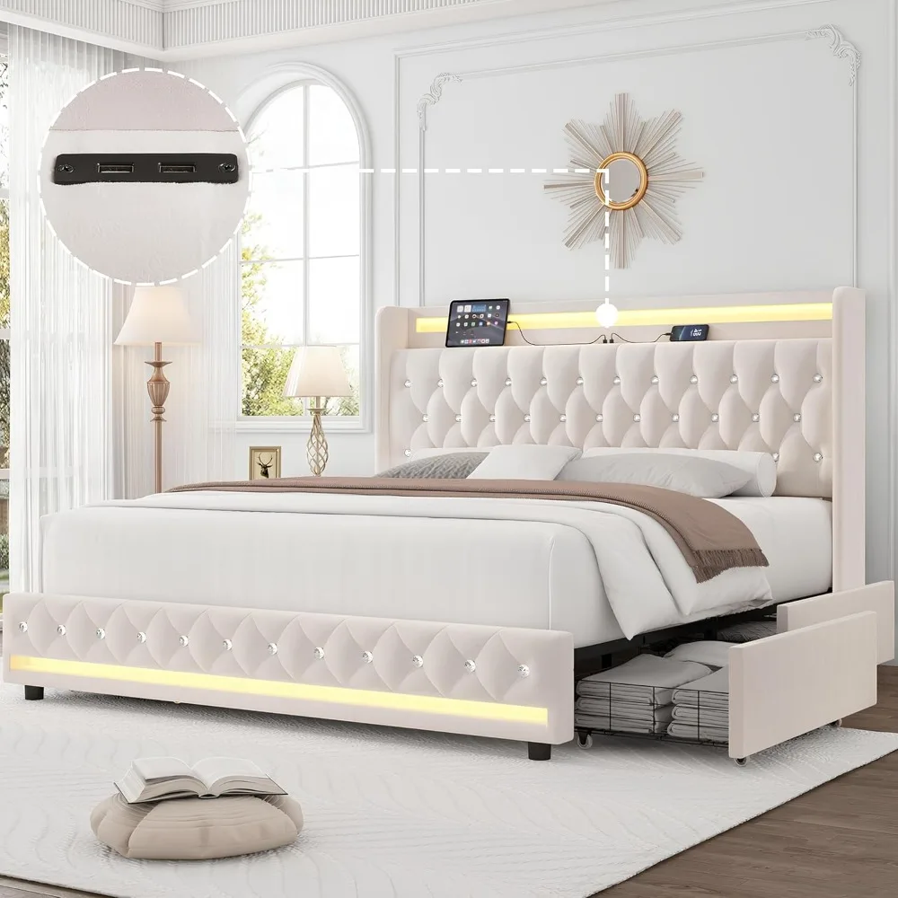 LED Bed Frame with Charging Station and 4 Storage Drawers, Velvet Upholstered Platform Bed with Handcrafted Crystal Button