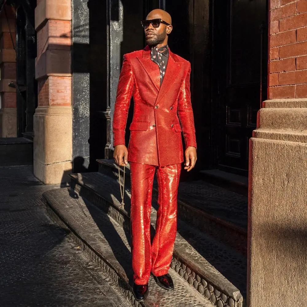 

Red Men's Suit Double Breasted Blazer Sets For Wedding Sequined Male Tuxedos 2 Pieces Jacket And Pants Peaked Lapel Groom Wear