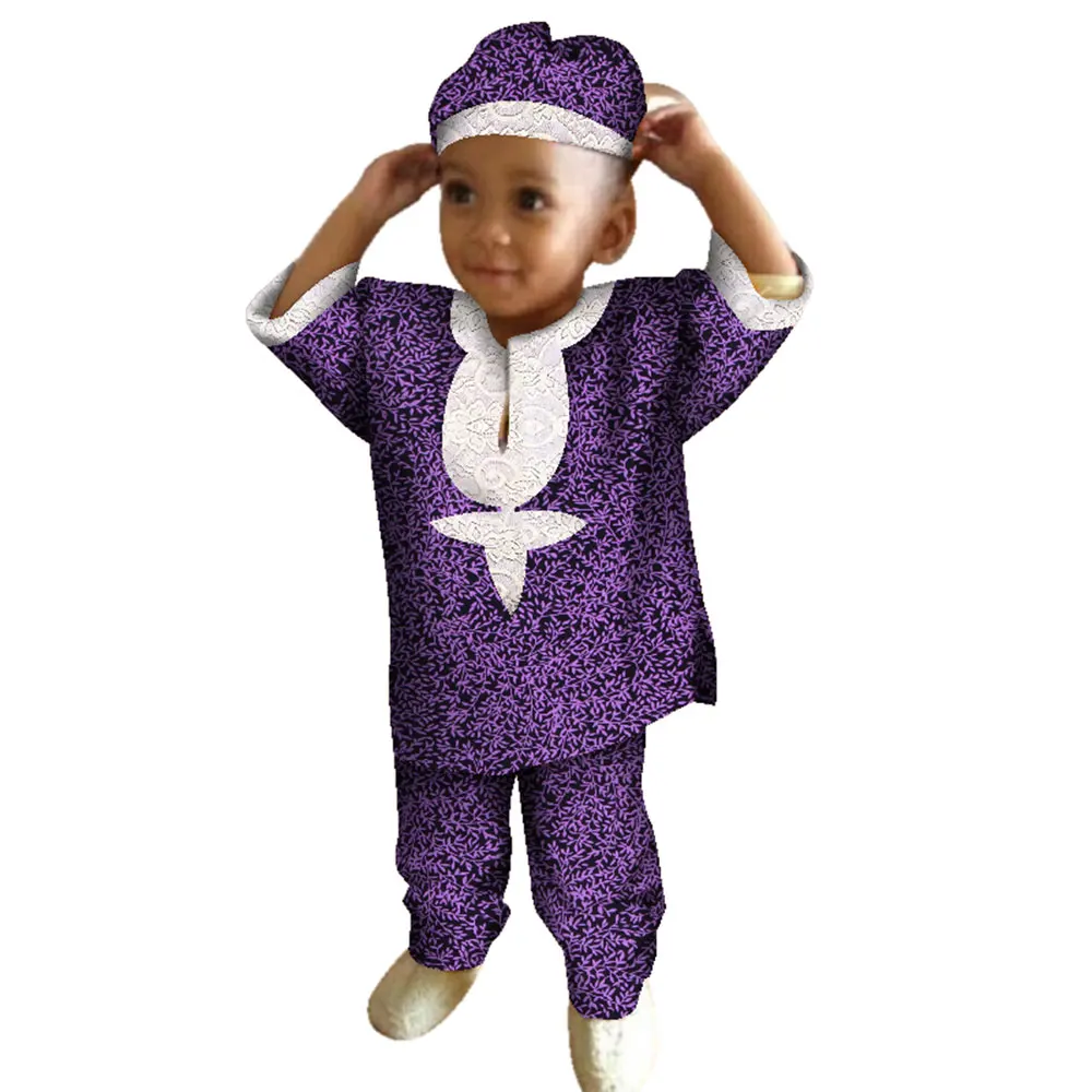 Ropa africana para niño, camisa de manga corta, Tops, pantalones y sombreros, estampado de cera africana, conjunto de pantalones para niño Bazin