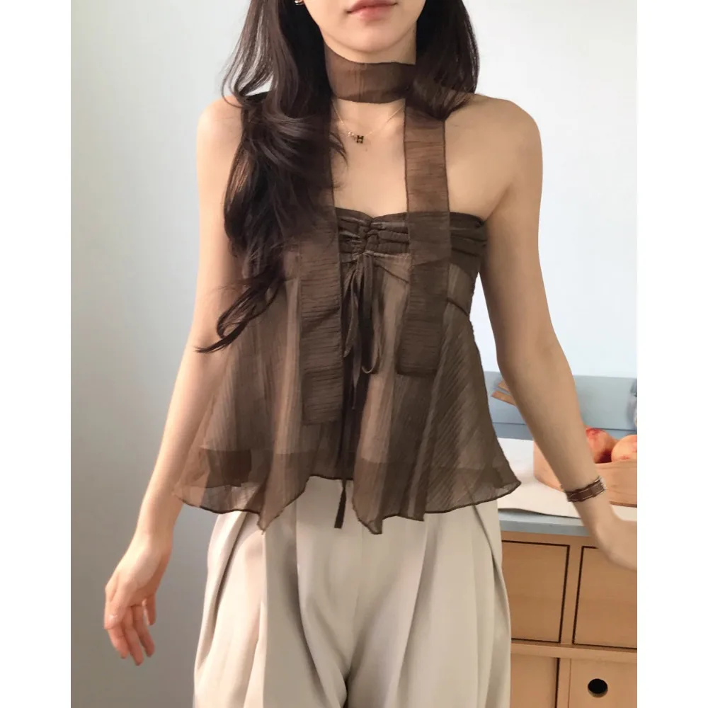 

Summer New Pure Desire Texture Neck Hanging Sash Tube Top Shirt Slim Fit Chiffon Women's Top Korean Style Spring Autumn Winter