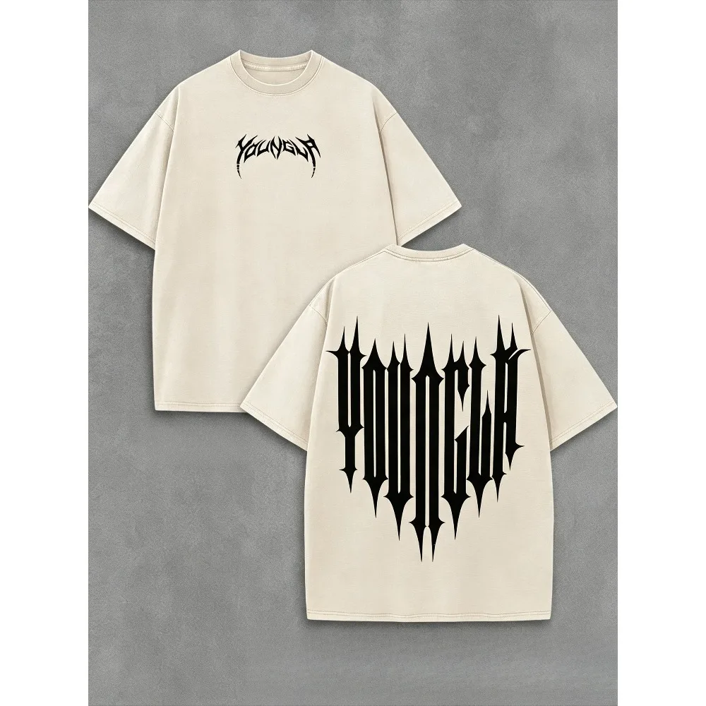 Gothic Spike Letter Print Men Cotton T-Shirt Loose Oversized Streetwear Short Sleeve Casual Tee