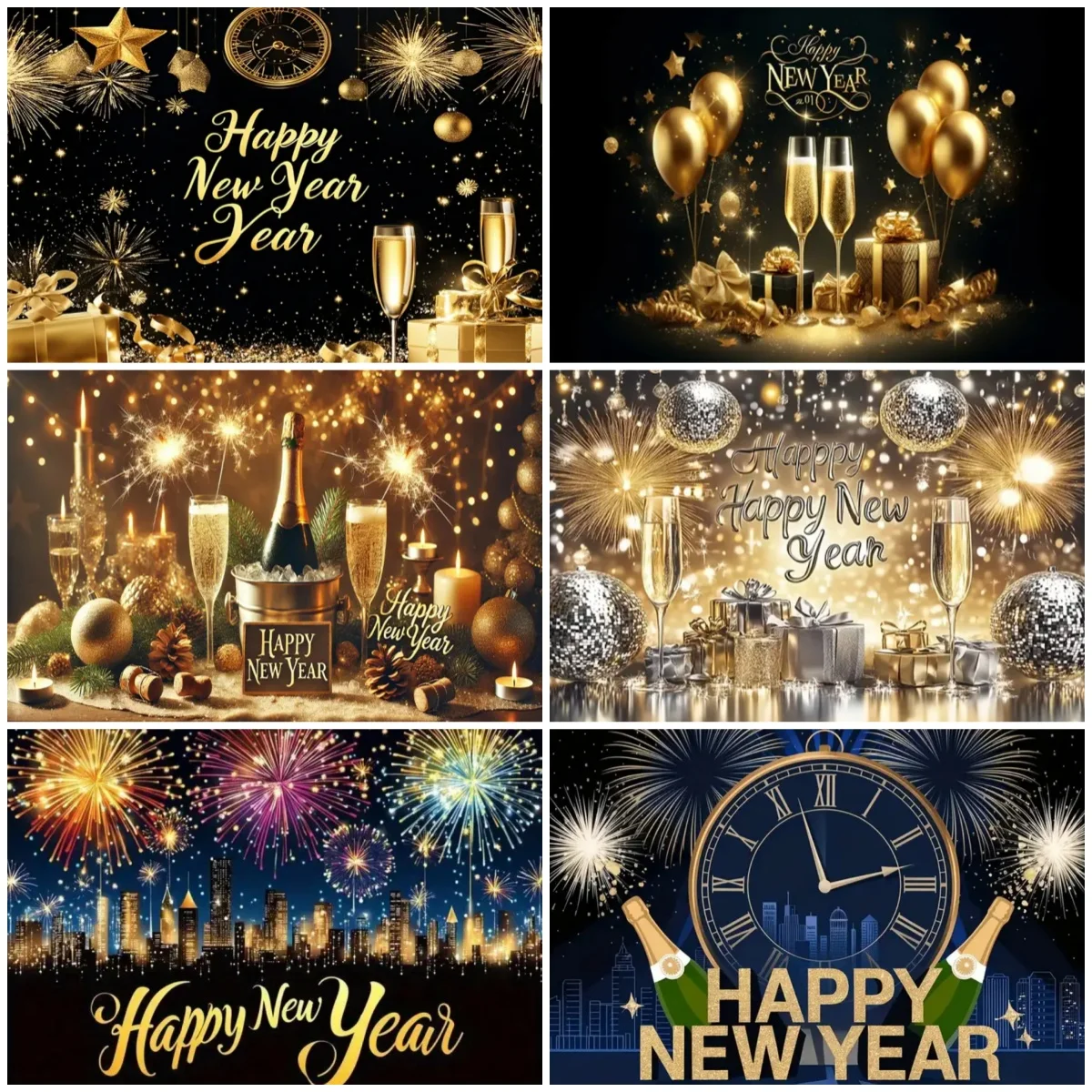 

Christmas New Year Clock Champagne Party Decoration Background Supplies Shine Sparkler Firework Photography Backdrop Banner Prop