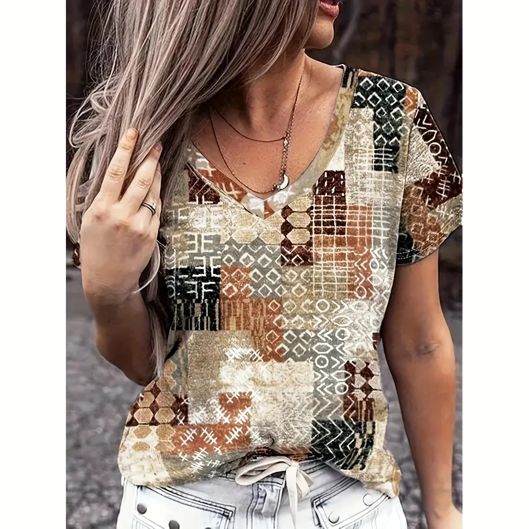 Vintage T Shirt For Women Ethnic Print Casual V Neck Short Sleeve Tee Summer T-Shirt Streetshirt Female Oversized Clothing