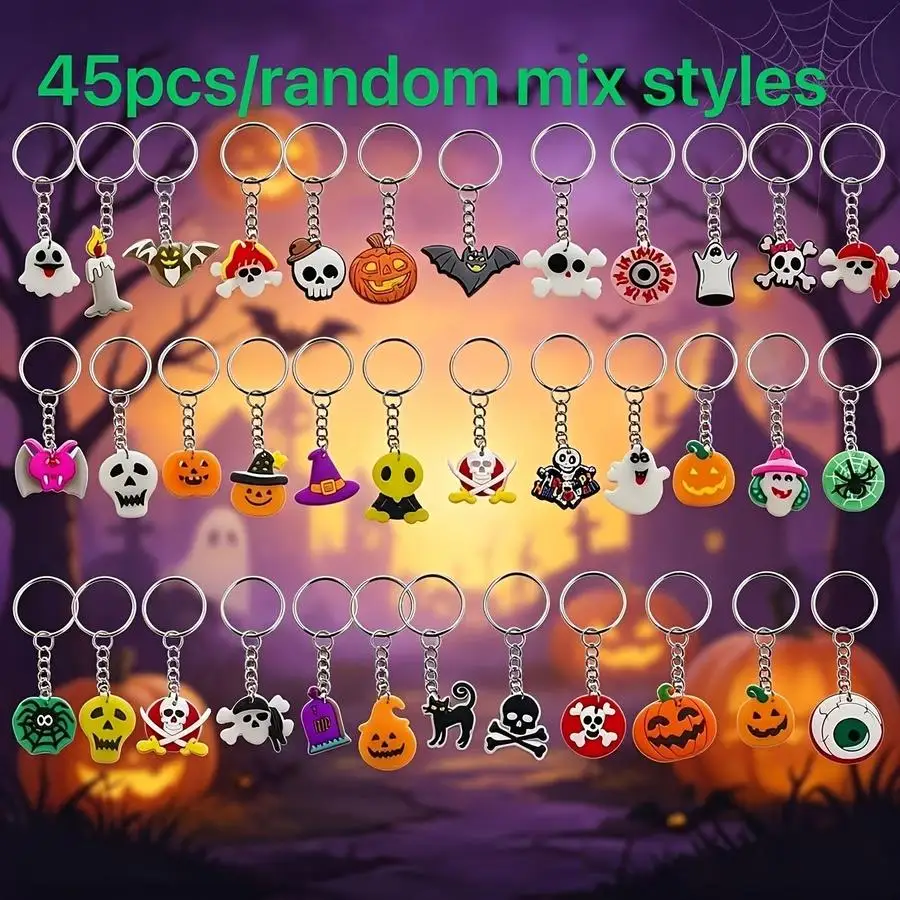 1/5/10/20/50/100pcs Cute Cartoon Halloween PVC Keychains/Ghosts, Pumpkins, Bats, Skeletons/Random Assortment/Suitable for Backpa