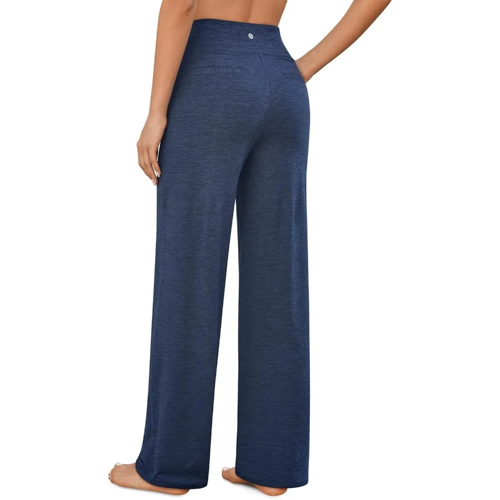 (Bule) سروال يوجا بنطال ذو قصة أرجل واسعة مع جيوب فستان عالي الخصر قابل للتمدد بنطال رياضي كاجوال صغير/عادي