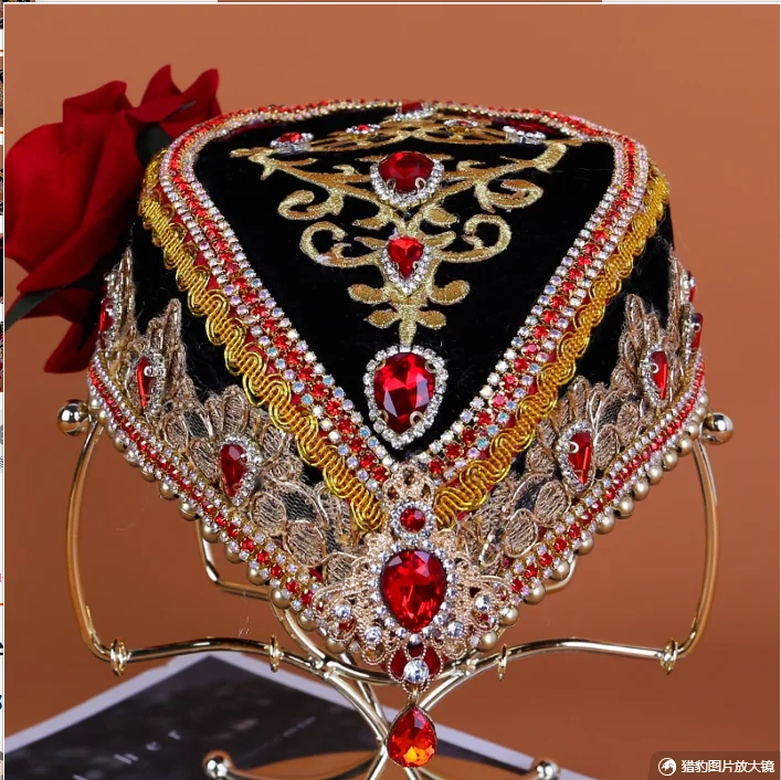 couvre-chef-de-danse-ouighoure-chapeau-de-performance-de-style-ethnique-chapeau-de-fleur-de-diamant-de-danse-du-xinjiang